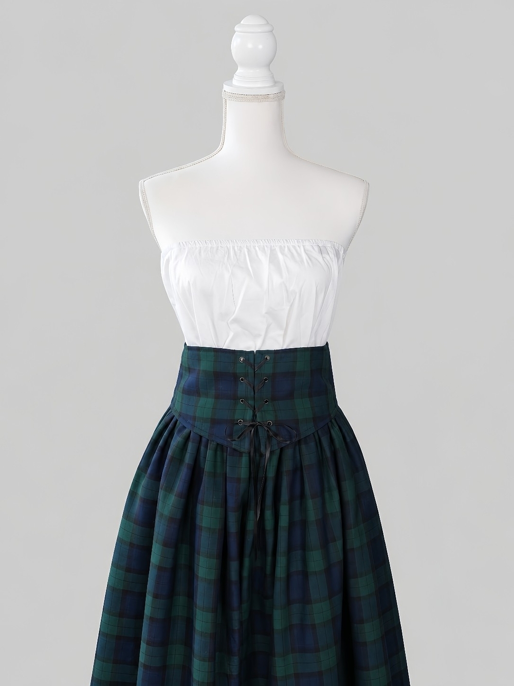 Plaid High-Waist Corset Skirt in Navy & Green